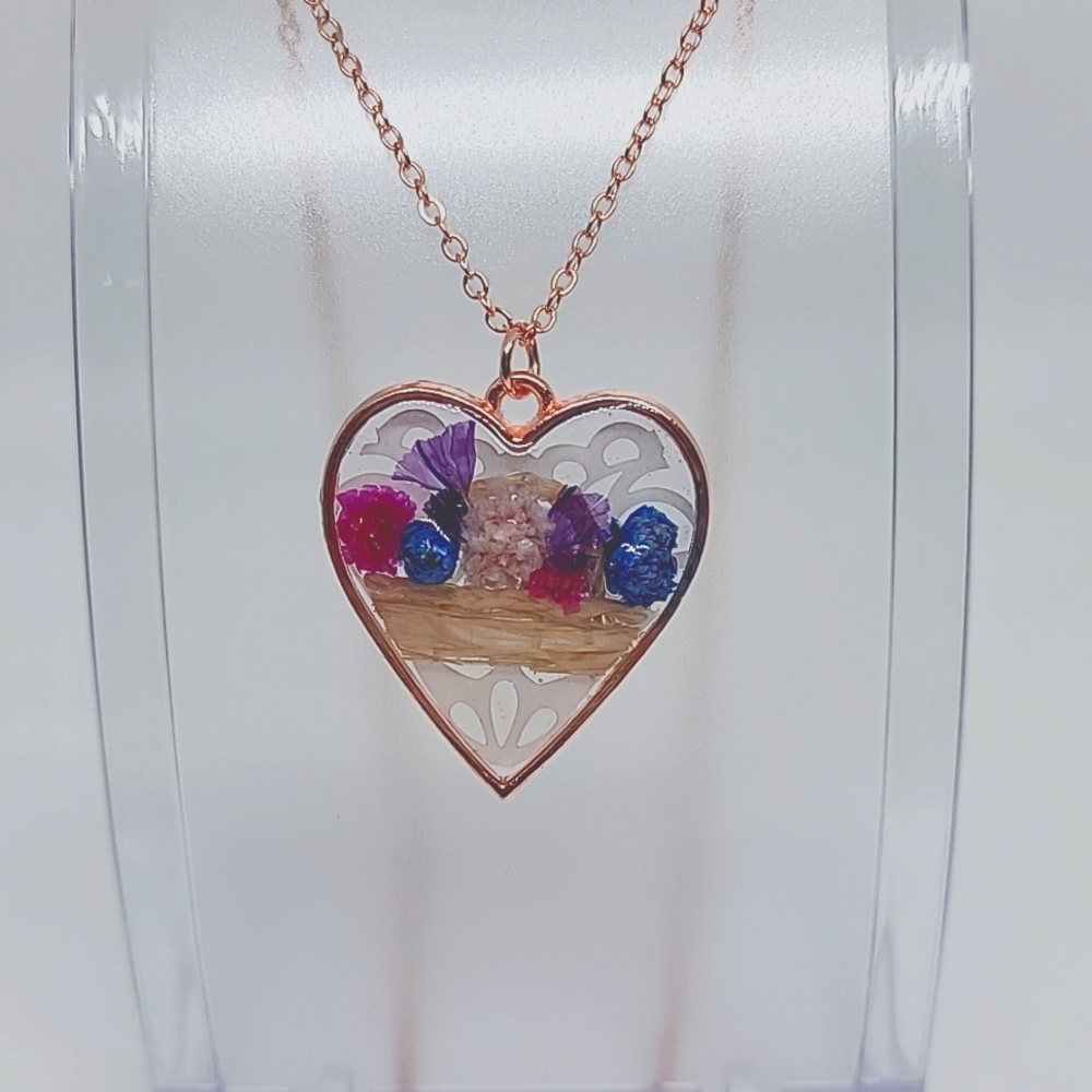 Handmade Resin Flower Basket Heart Necklace